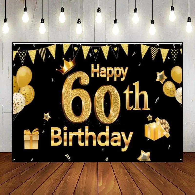 Party Backdrop Decoration Background Balloon Man Woman Golden Photography Banner Wall Happy 60th Birthday Photo Custom 60years