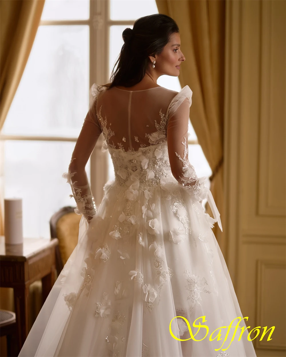 تخصيص مزاجه الأورجانزا الخامس الرقبة مساء اللباس رشيقة طويلة الأكمام فساتين حفلة موسيقية أزياء الزهور فساتين المناسبات الخاصة