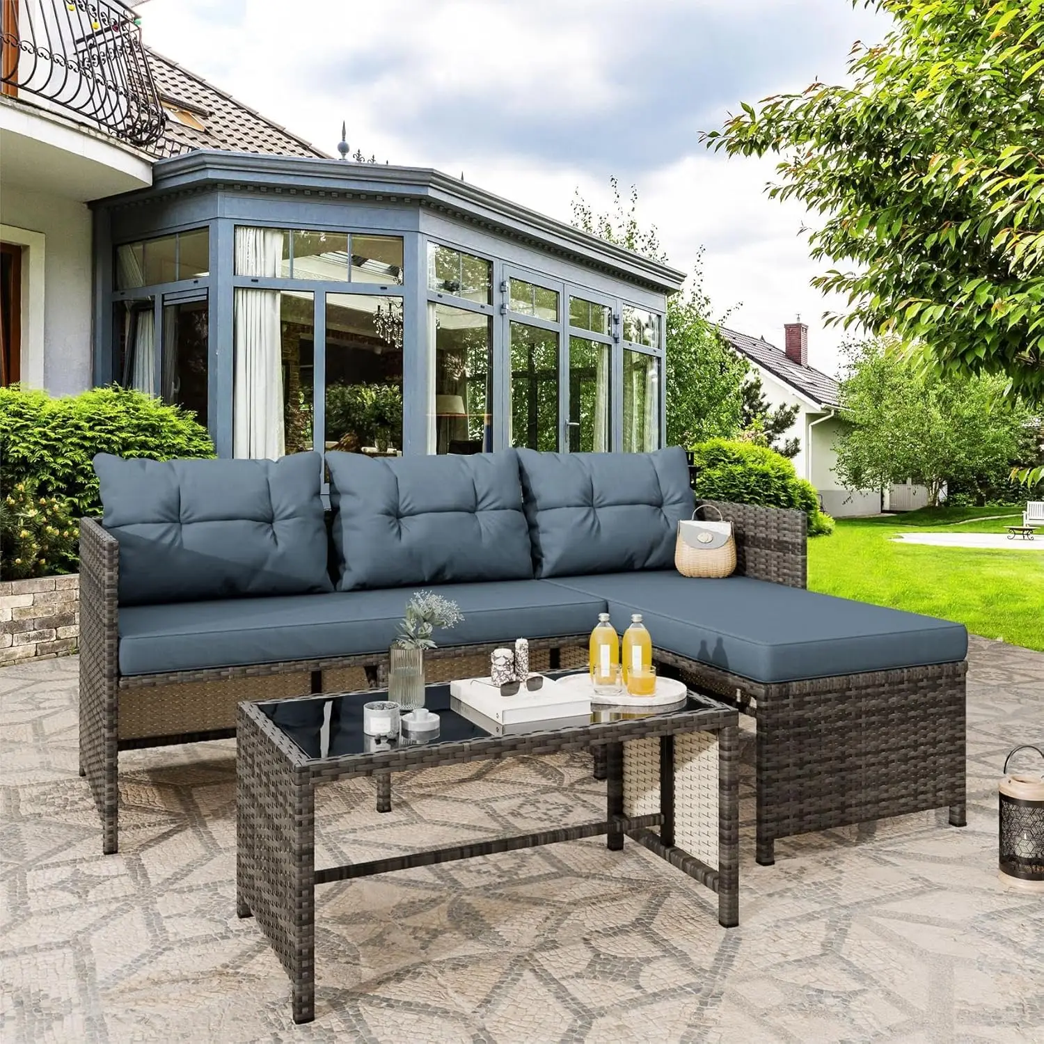 

3 Pieces Patio Furniture Sets, All-Weather Wicker Outdoor Sofa Couch Sectional Set, Glass Table, (Blue)