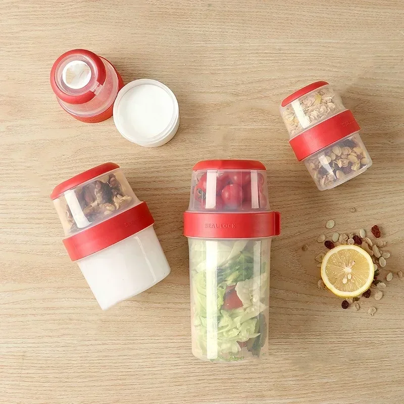 Taza de desayuno de plástico portátil para llevar ensalada, yogur, cereales, avena, aperitivos, contenedores perfectos, soportes para aderezo de ensalada con tapa, tenedores