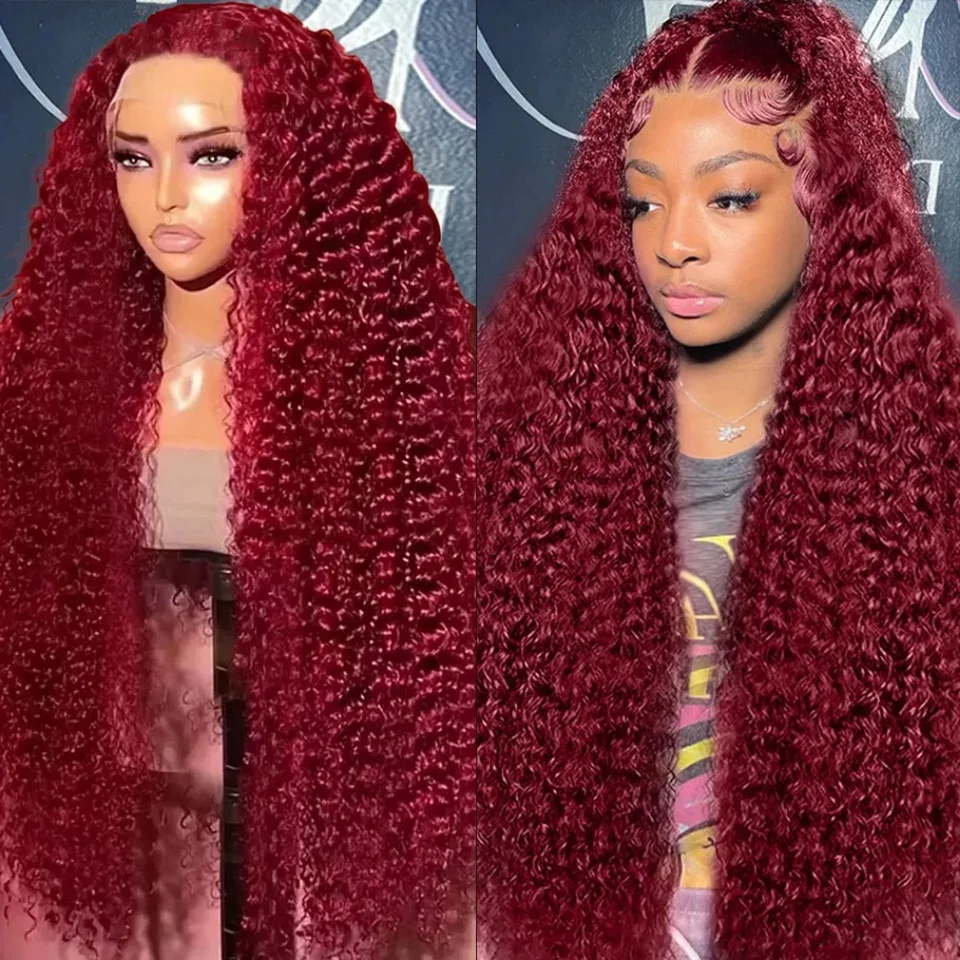 Pelo Humano con Encaje Frontal HD Transparente 200 Densidad 13x4 13x6, 99j Borgoña, Onda Profunda Pre-Desmechada y Teñida, Peluca de Pelo Humano