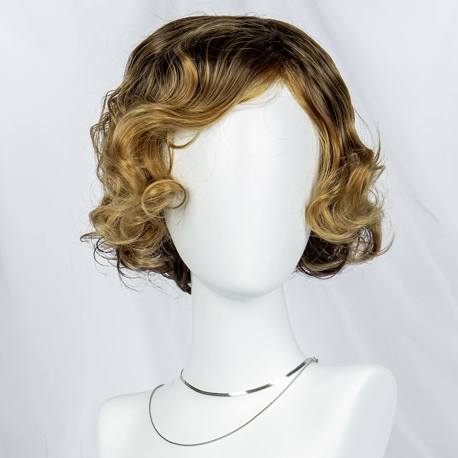 Synthetic Highlight Cosplay Wavy Short Wig Machine Made Pixie Cut Blonde Highlight Wavy Wig 8 Inches Short Bob Ombre Brown Wig