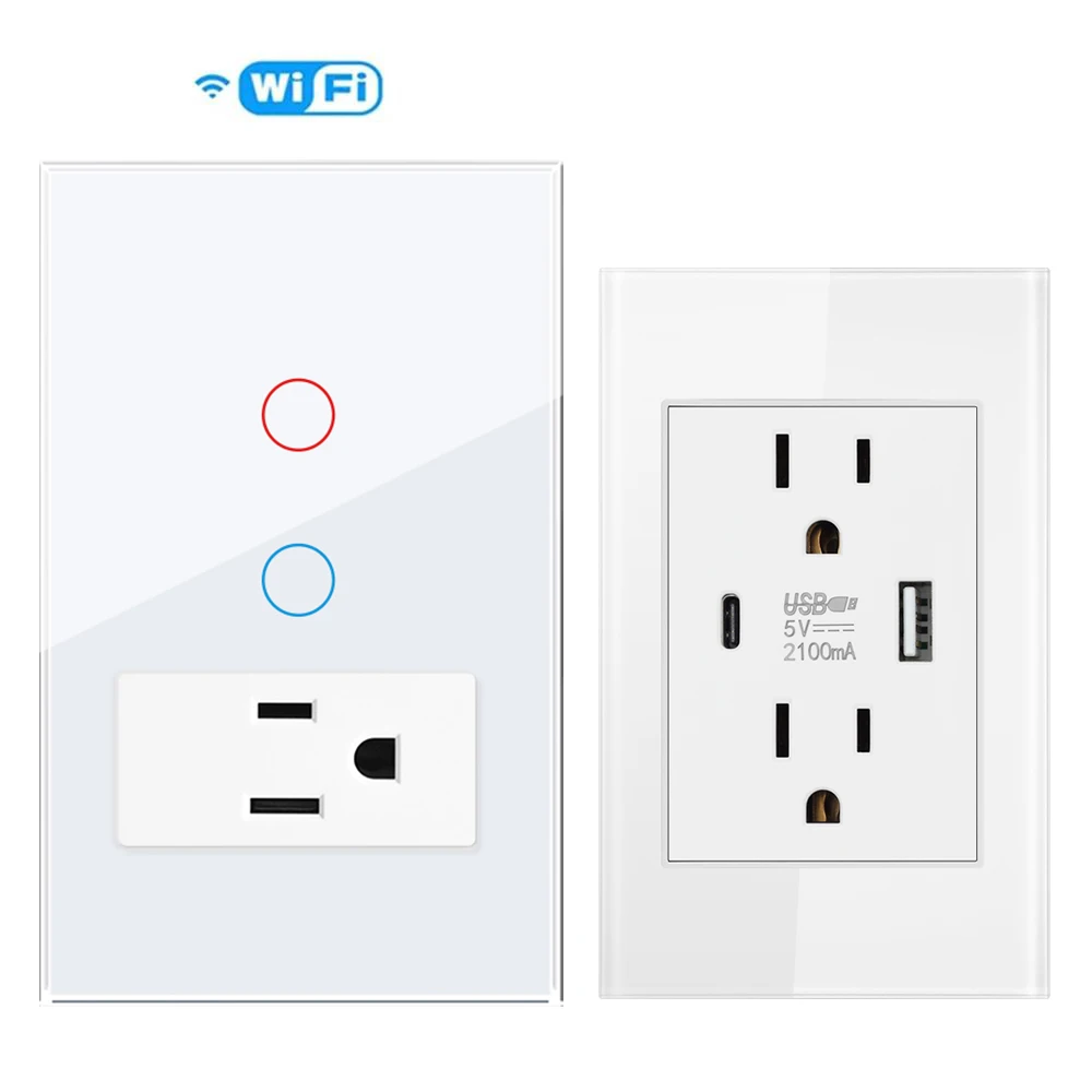 VISWE Touch Wifi Switch, US Socket Not Smart, 118*72mm Tempered Glass Panel, American Outlet USB Type-c White