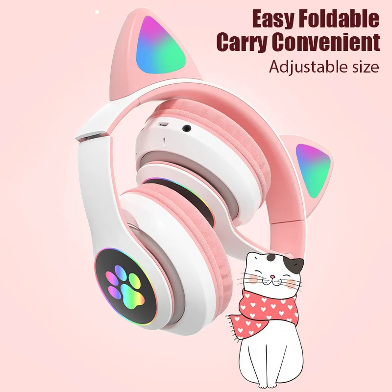 Flash Lamp Cute Cat Ears Headphone Bluetooth5.0 Stereo With Mic Support TF Card Wireless Kids Girl Earphone Birthday Gift