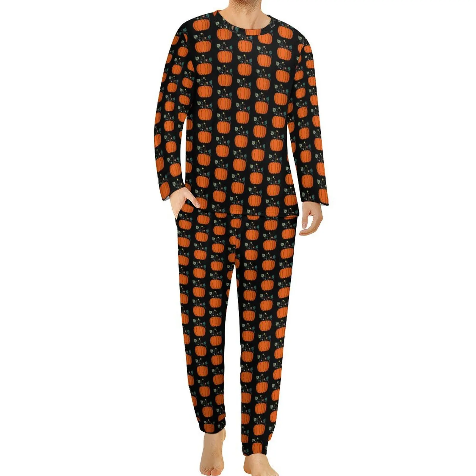 Halloween Pumpkin Pajamas Men Vegetable Print Fashion Sleepwear Daily Long-Sleeve 2 Pieces Casual Custom Pajama Sets Big Size