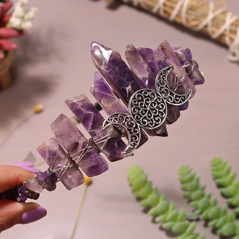 Natural Amethyst Tiara Retro Moon Crown for Women Purple Crystal Headwear Wizard Hair Accessories Fashion Jewelry Party Headband