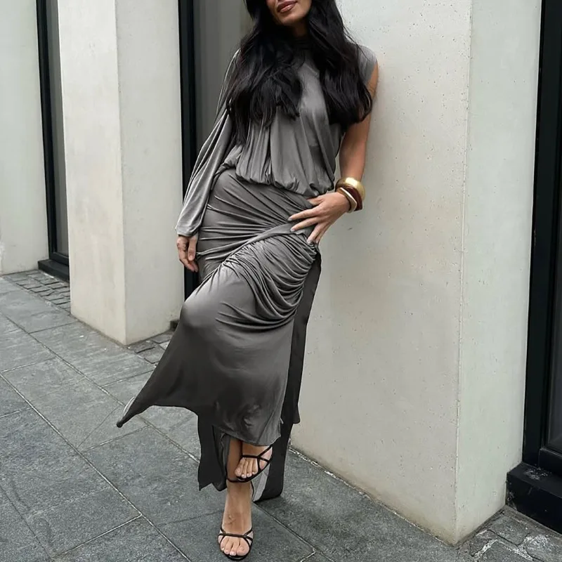 

Solid Ruched 2 Piece Set Women Turtleneck One Shoulder Long Sleeve Tops + Ribbons Bodycon Maxi Skirts 2025 Autumn Casual Suits