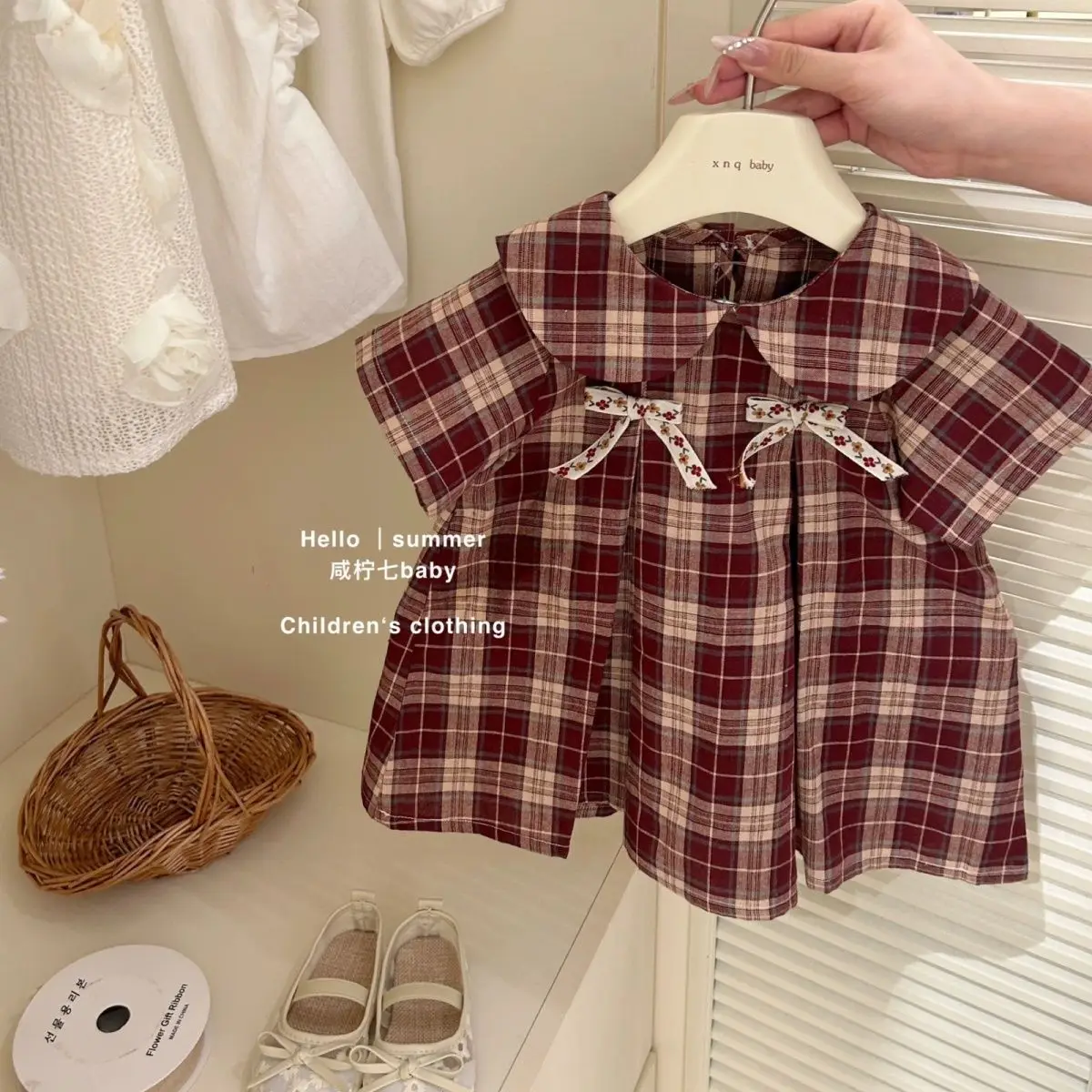 Koreanische Sommer Nette Mädchen Bogen Kleid Flip Kragen Kurzarm Infant Kleid Kleid Plaid 1-8Y Weibliche Kind Kleidung Prinzessin Kleid
