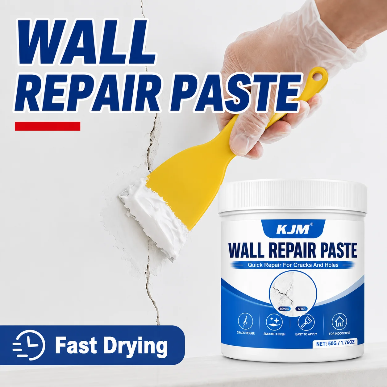 KJM White Wall Repair Putty Rental Drywall Mending Kit 50G Quick Dry Anti-Crack Non Peeling Waterproof Wall Hole Filler