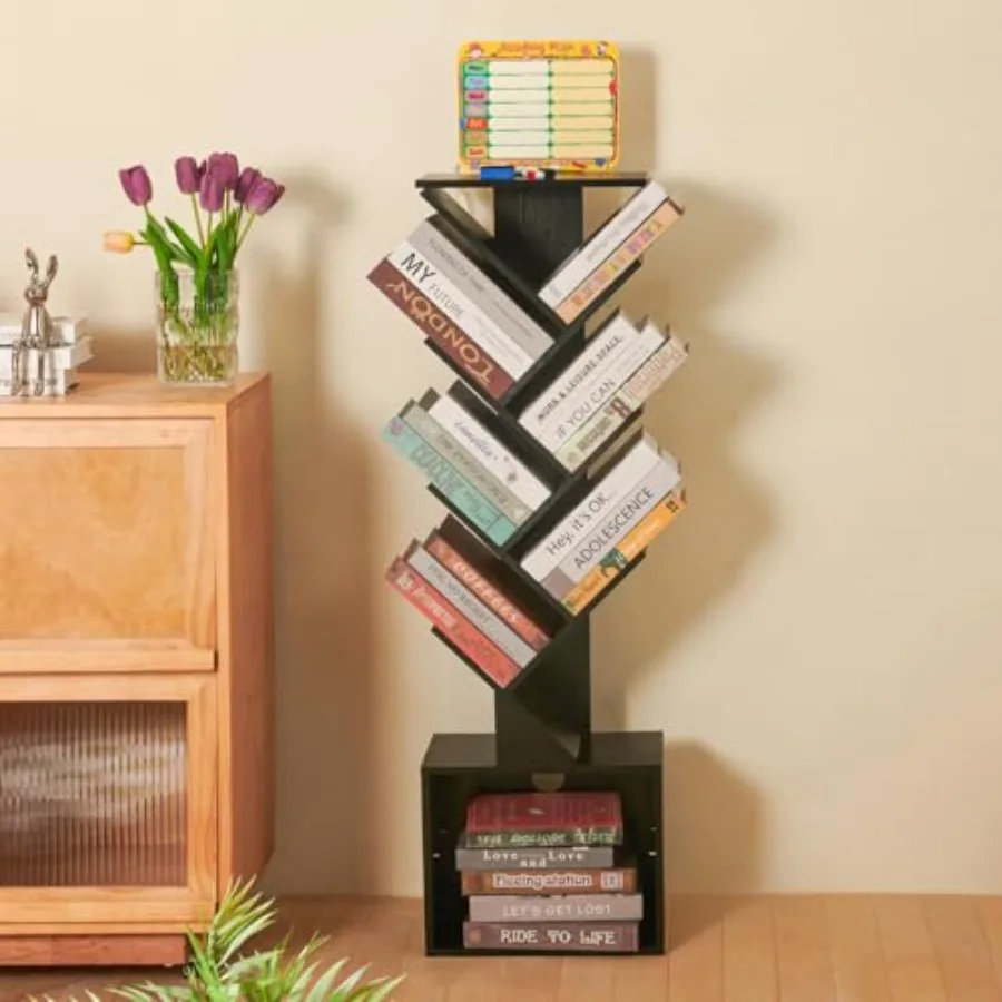 

7 Tier Tree Book shelf Small Bookcase with Reading Planner and Activity Panel Modern Floor Standing Corner Tall Narrow Storage