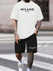 Men's Summer Two-piece Retro Loose Milano Print T-shirt Casual Outdoor Sports Short-sleeved Drawstring Shorts Men's Clothing