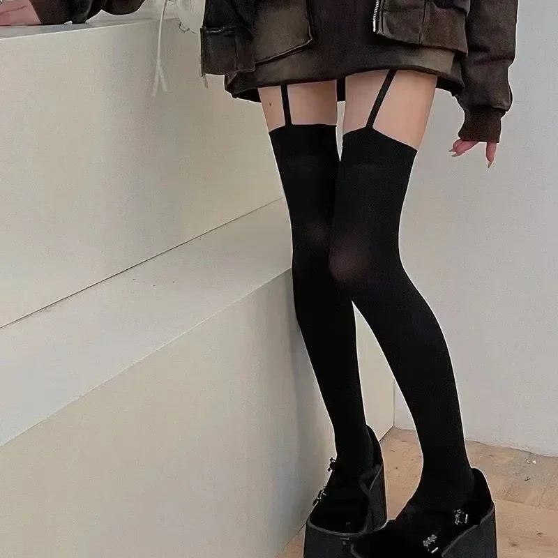 Женские бархатные колготки с широкими полосками на подтяжках, тонкие чулки до бедра в стиле Лолиты с подвязками Y2K JK, гольфы выше колена в студенческом стиле