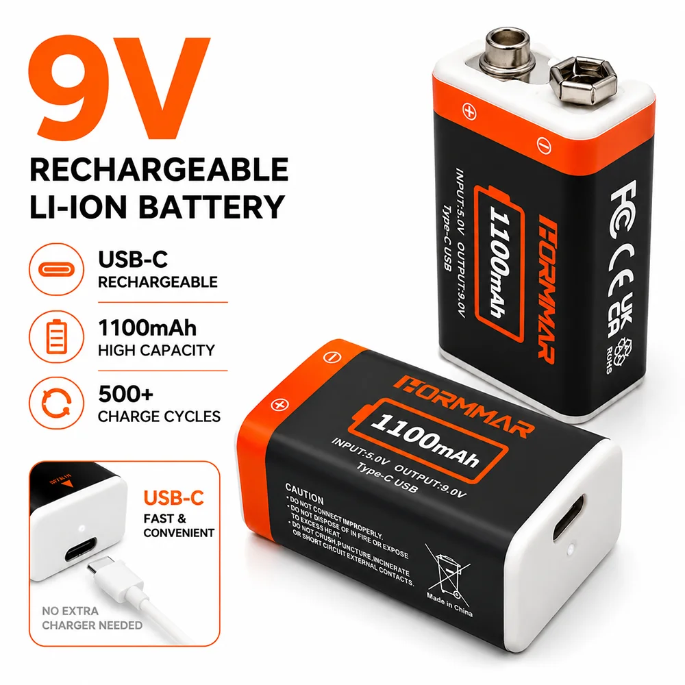 9V 1100mAh Li-ion Rechargeable Battery USB-C Charge 500+ Cycles with Cable for Guitar Microphone Smoke Detector Pedal
