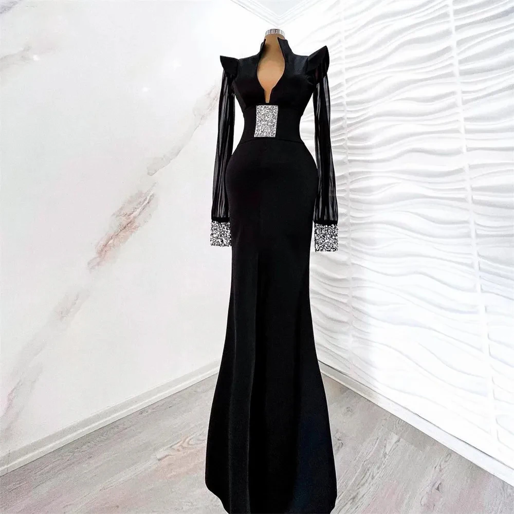 2023 Vintage Black Evening Dresses Cap Sleeves Mermaid Glitter Satin Dubai Pageant Saudi Arabia Celebrity Party Gowns Vestidos