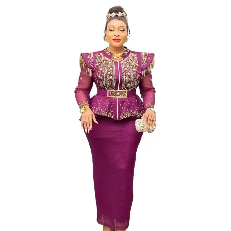 2025 Spring African Clothes for Women 2 PCS Sets Tops and Skirts Suit Dashiki Ankara Outfit Robe Plus Size Wedding Party Dresses