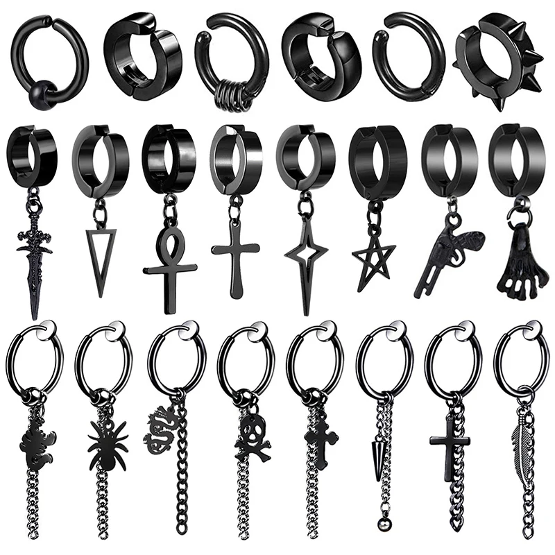 1 Piece No Ear Hole Ear Clip Earrings For Men/Women Black Gothic Pop Collection Chain Cross Pendant Unisex Punk Jewelry