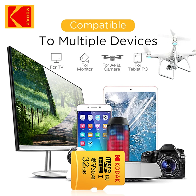 KODAK-tarjeta Micro SD de alta velocidad, U3, 128GB / 256GB /512GB, V30, TF, para 4K, HD, tarjeta de memoria con Adaptador SD para lector de tarjetas