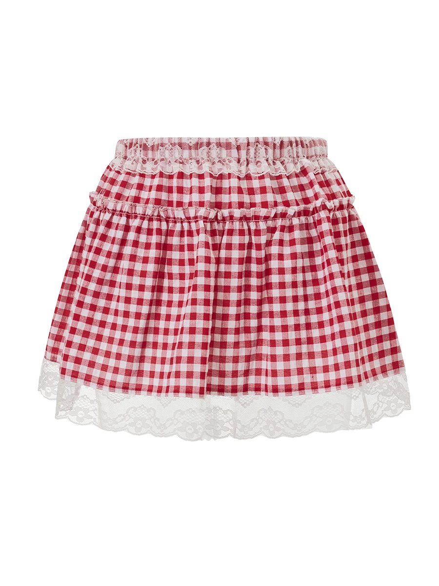 Women Plaid Short Skirts Floral Lace Patchwork Frill Trim A-Line Hem Mini Skirts