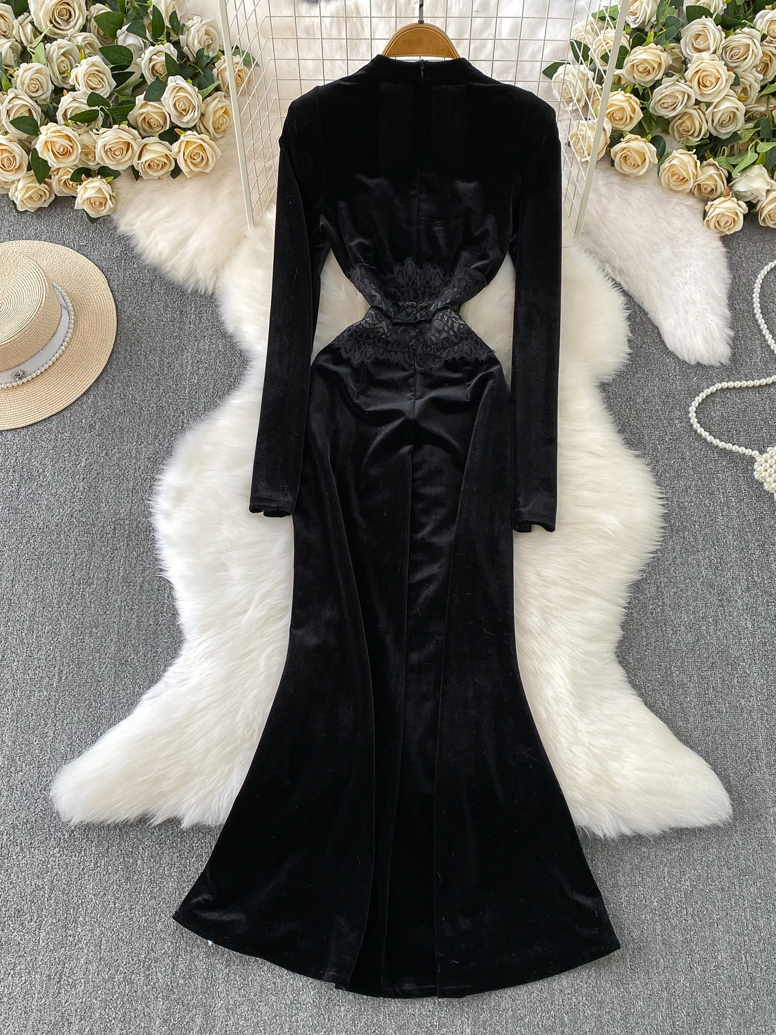 Hebe Sle Ele Velluto Wrap Dr con giunture in pizzo Inverno Slim Fit Fi Tail Abito a vita alta Lungo Sve Ci Pendolarismo Dr