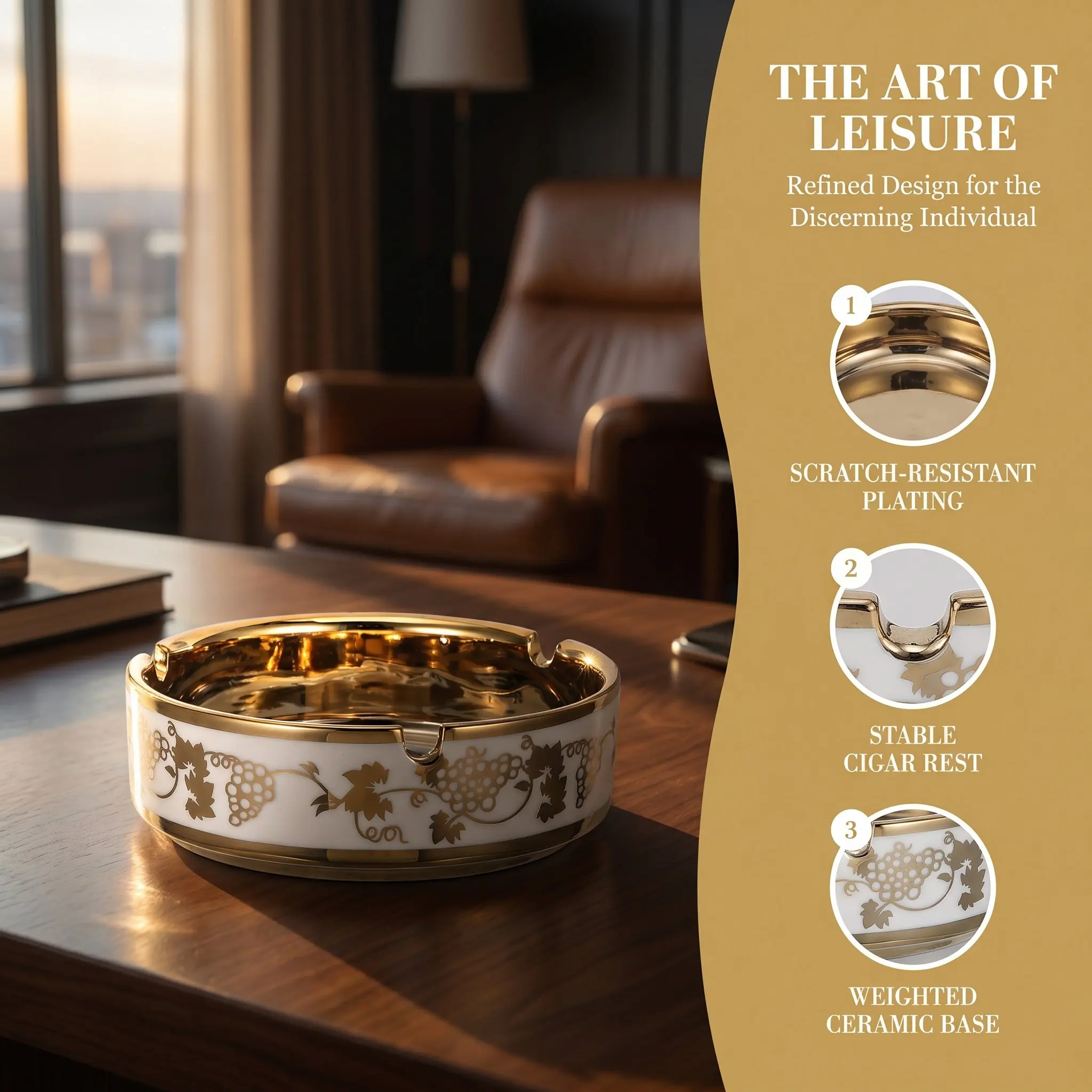 Ceramic Titanium Plating Tabletop Ashtray Round Ashtray with Cigar Rest 4.1" Retro Ash Cigarette Butt Holder for Office Home Bar view 5