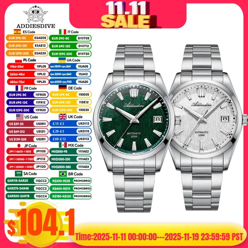 

ADDIESDIVE 39mm Men's Dress Watch BGW9 Blue Luminous 3D Bark Dial Sapphire Crystal 100M Waterproof Automatic Mechanical Watch