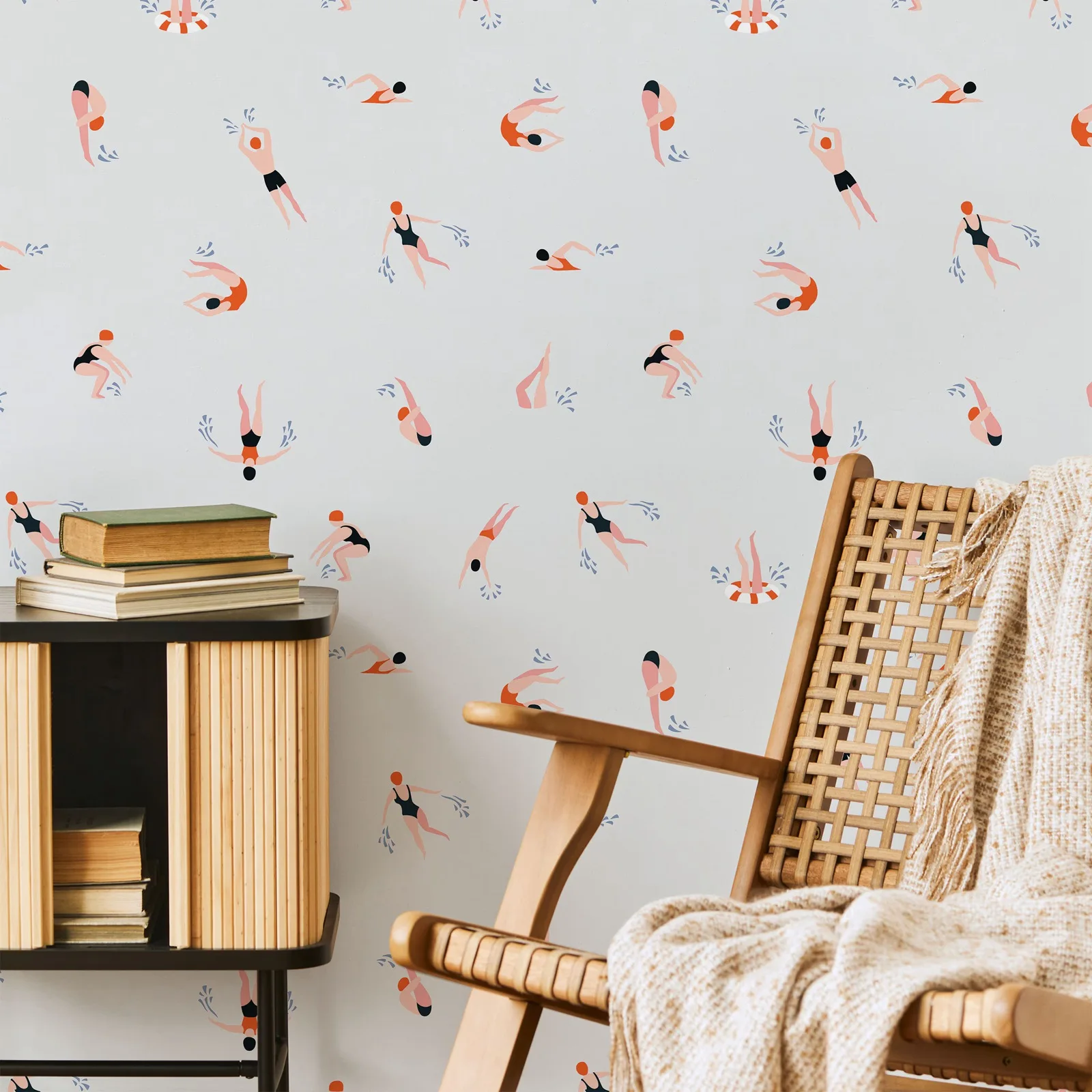 Summer Swim Wallpaper Peel&stick and Traditional ,Removable and Renter Friendly,Swimming Figures Wall Paper For Home Decoration