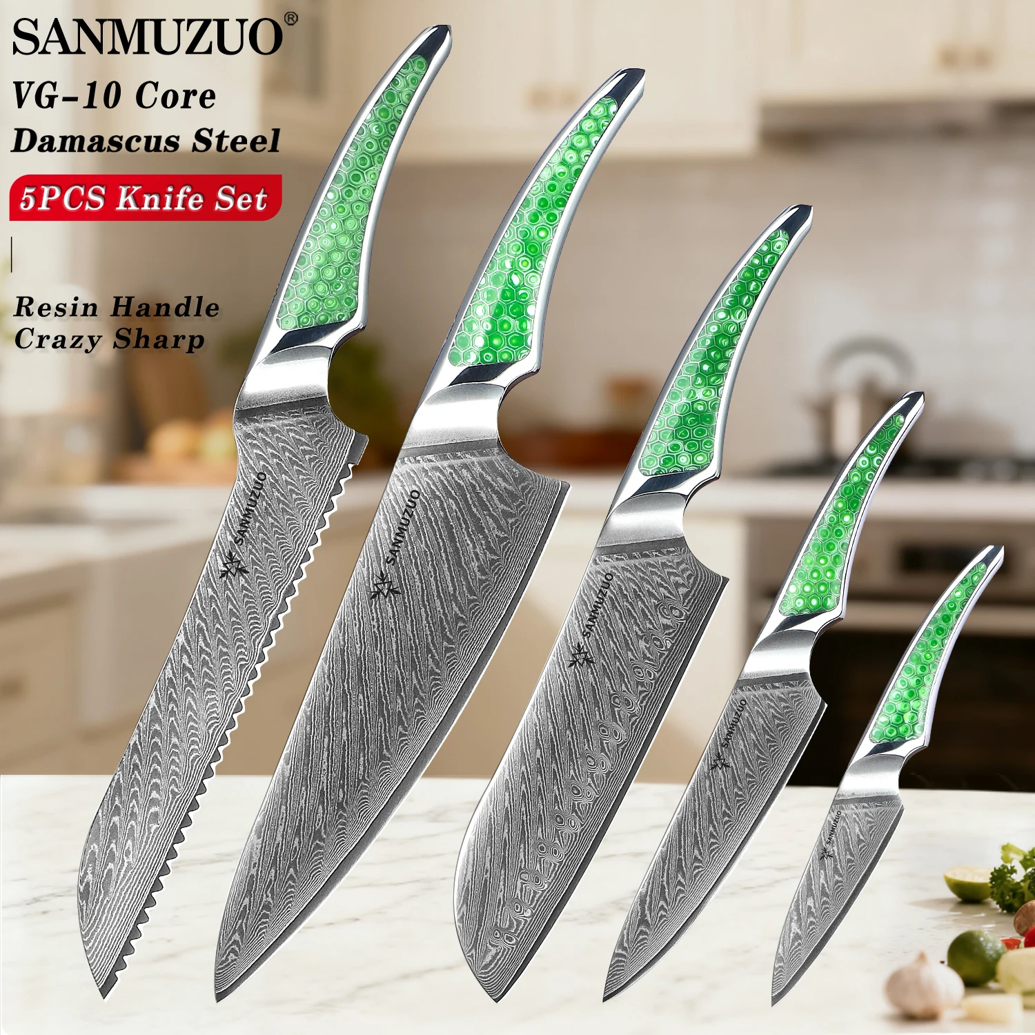 

SANMUZUO Набор дамасских кухонных ножей из 5 предметов - Бритва Sharp Chef Santoku Paring Универсальный нож для хлеба с ручкой из смолы - LAS9 Serise