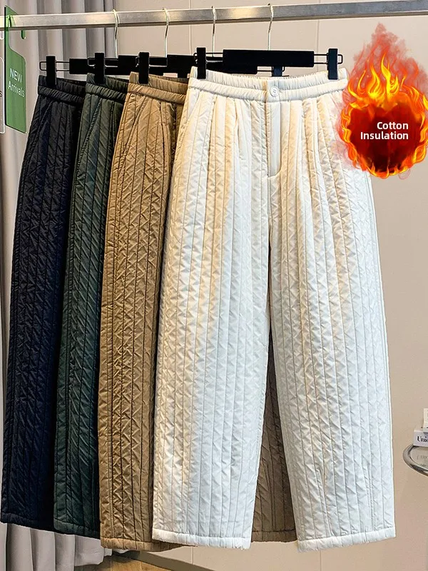 

Теплые текстурированные стеганые хлопковые брюки с эластичной резинкой на талии, повседневные брюки с широкими штанинами, осень-зима, женские модные брюки больших размеров...