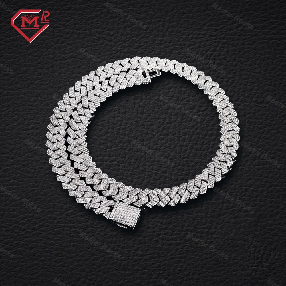 Hiphop 12MM Miami Cuban Chain 3 Row 925 Sterling Silver Iced Out Diamond Vvs Moissanite Cuban Link Chain