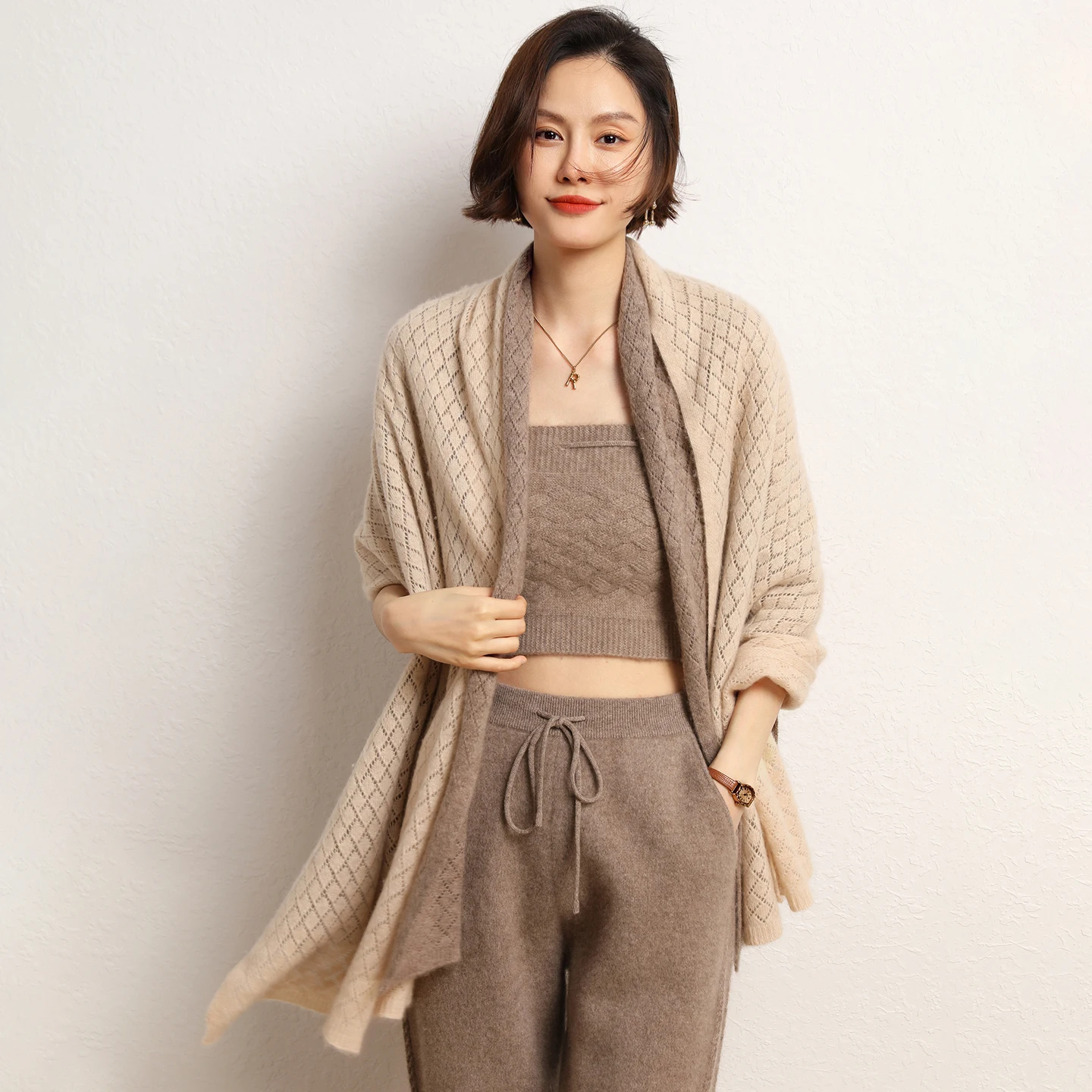 100% Pure Cashmere Scarf Shawl Women's New Soild Fashionable Hollow Out Knitted Scarf Outer Cover Autumn Winter Thick Warm Soft