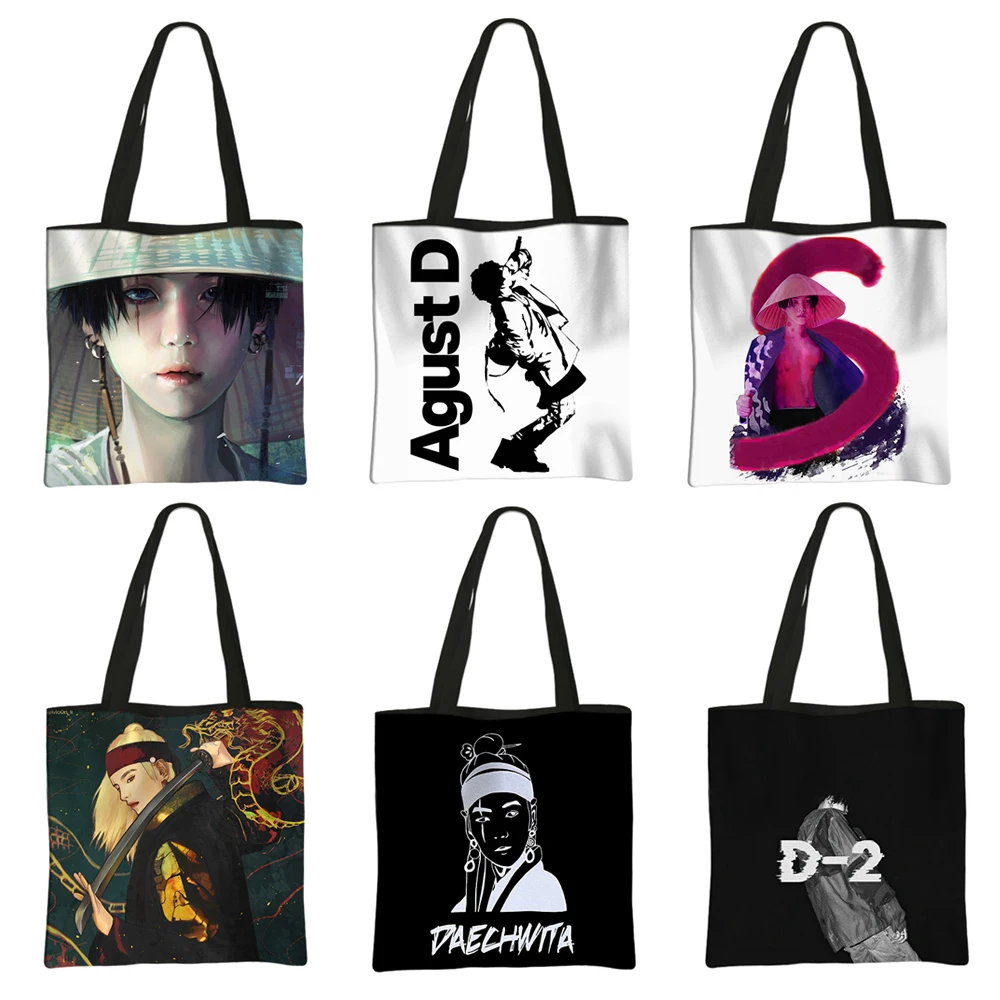 

Korean KPOP Agust D Print Tote Bag D-2 Daechwita Women Handbag Suga Min Yoongi Shoulder Beach Bag Reusable Shopping Bags