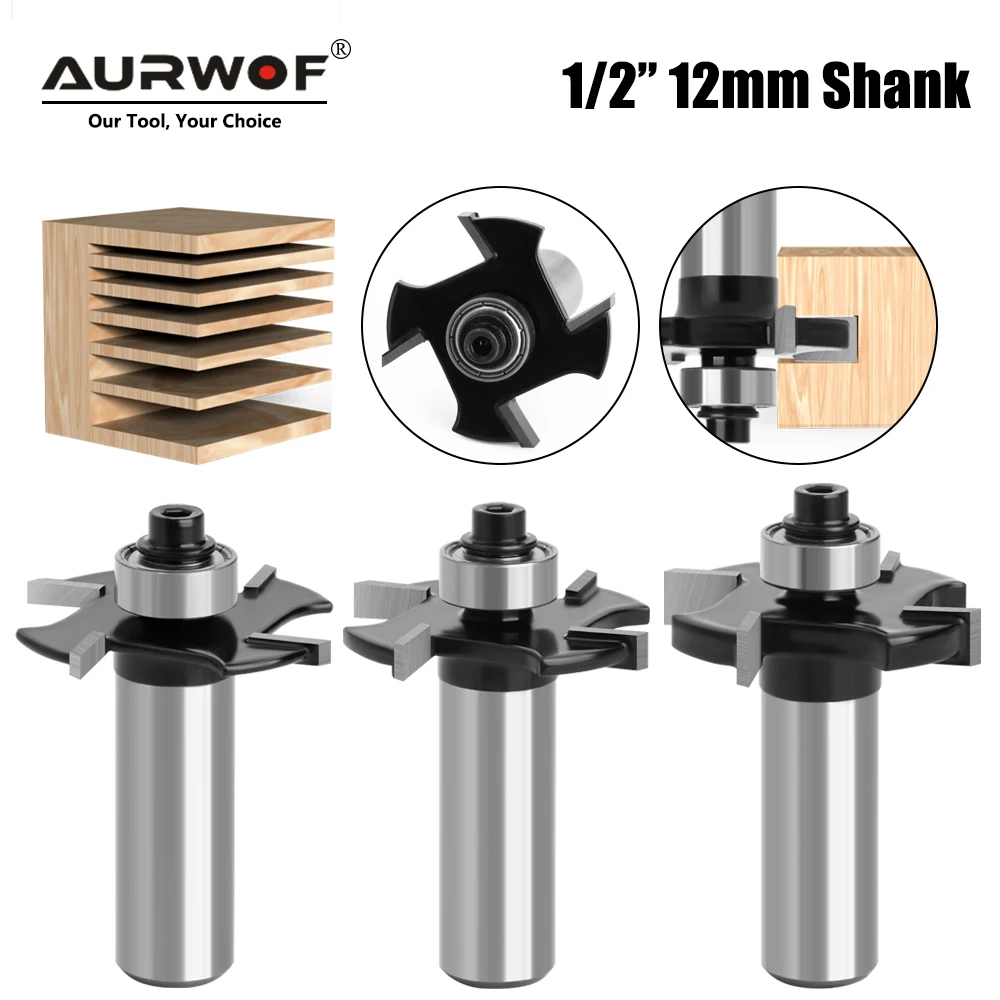 AURWOF  1/2 12mm 12.7mm Shank Four Blades T-Sloting Slot Cutter Jointing Slotting Router Bit Height Milling Cutter Woodworking