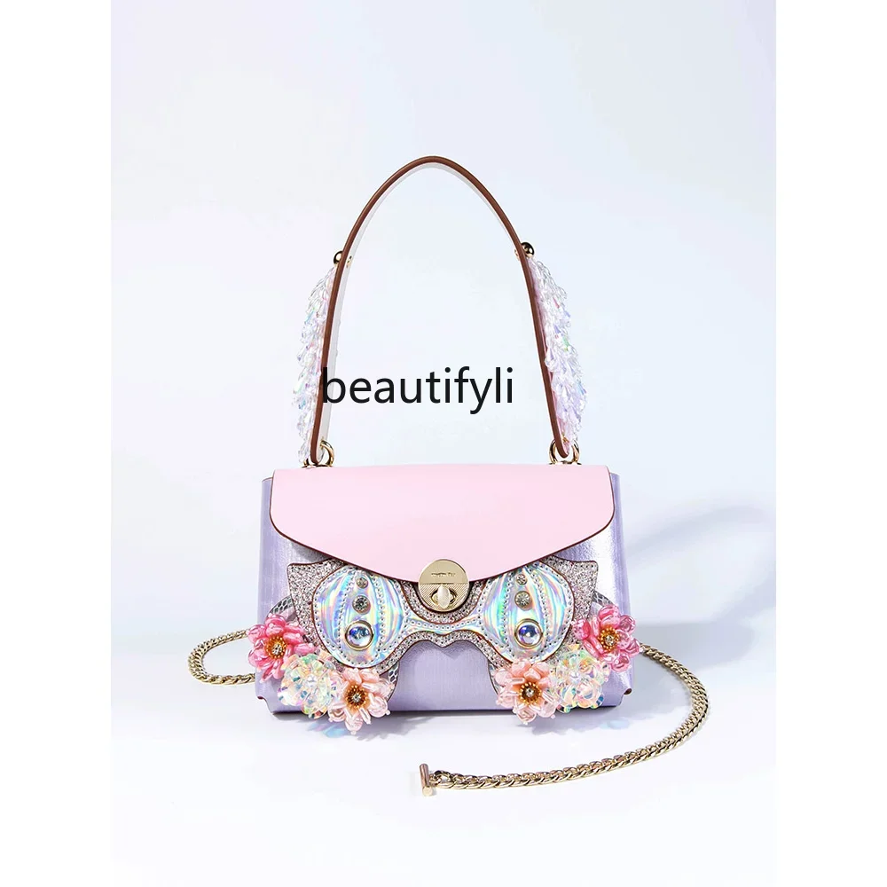 yj Niche Handmade Shoulder Crossbody Pink Small Square Bag Female Owl Face Changing Bag Advanced