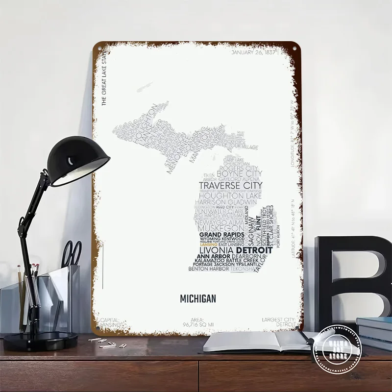 Michigan USA Map Text Art Tinplate Posters Customizable Wall Art Retro Vintage Metal Signs for Home Room Bathroom Decor Items