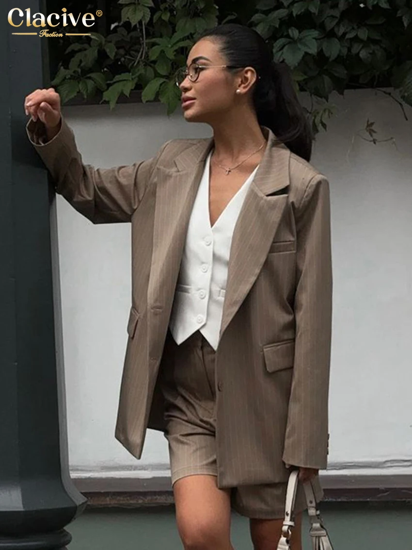 Clacive Fashion Loose Stripe Print 2 Piece Sets Women Outfit 2025 Elegant Long Sleeve Blazer With High Waist Shorts Set Female