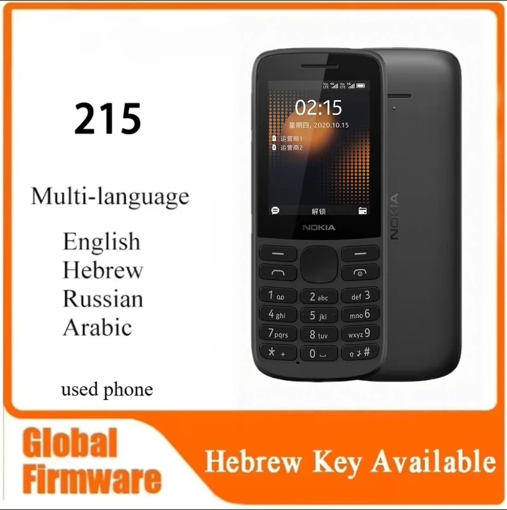 Telefone Original Desbloqueado 215 4G 2020 Dual SIM Tela de 2.4" Bateria de 1150mAh Teclado em Russo, Árabe e Hebraico Fabricado na Finlândia