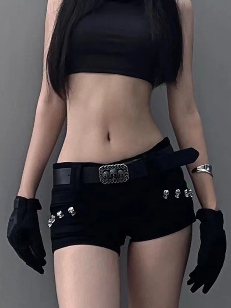 

Low Waist Sexy Bla Denim orts Y2K Nightclub Universal Skull Rivet Super ort Pants Women's Trendy Summer Jeans Skirts