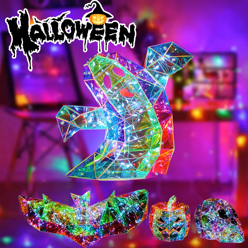 

Prismatic Iridescent Spooky Ghost Prismatic Pumpkin/Spider/Bat LED Lights Funny Colorful Glow Lights Halloween Room Decorations