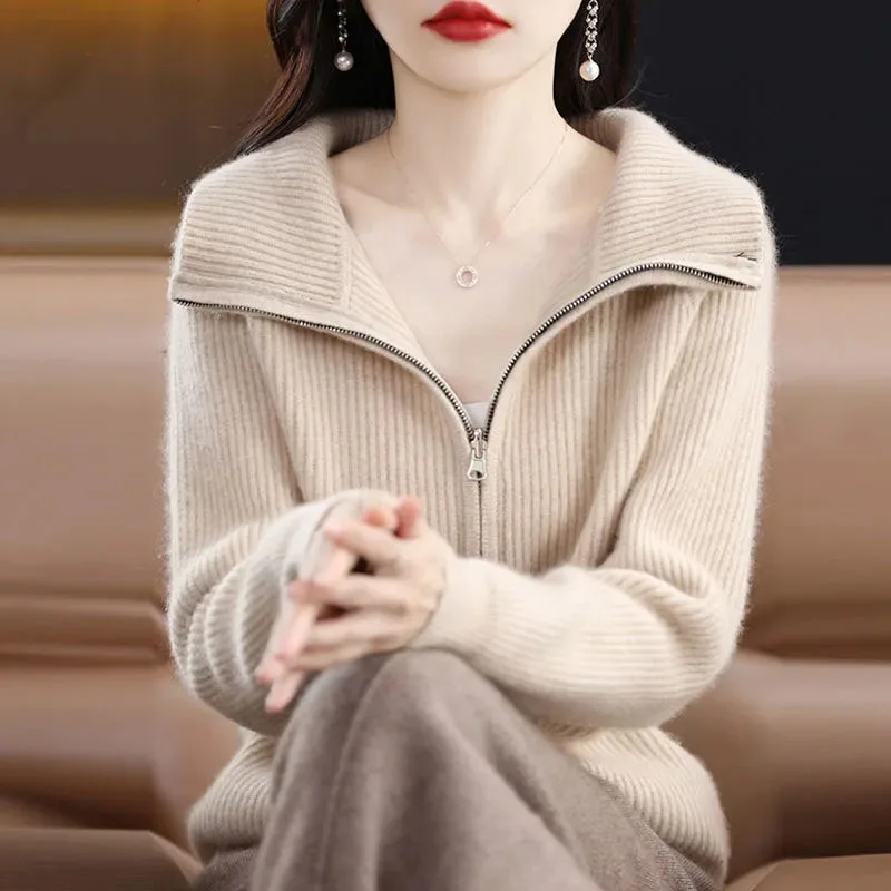 

Осень-зима Femme трикотаж с воротником-стойкой, топ, женский модный вязаный кардиган на молнии, корейский женский высококачественный свитер с длинными рукавами