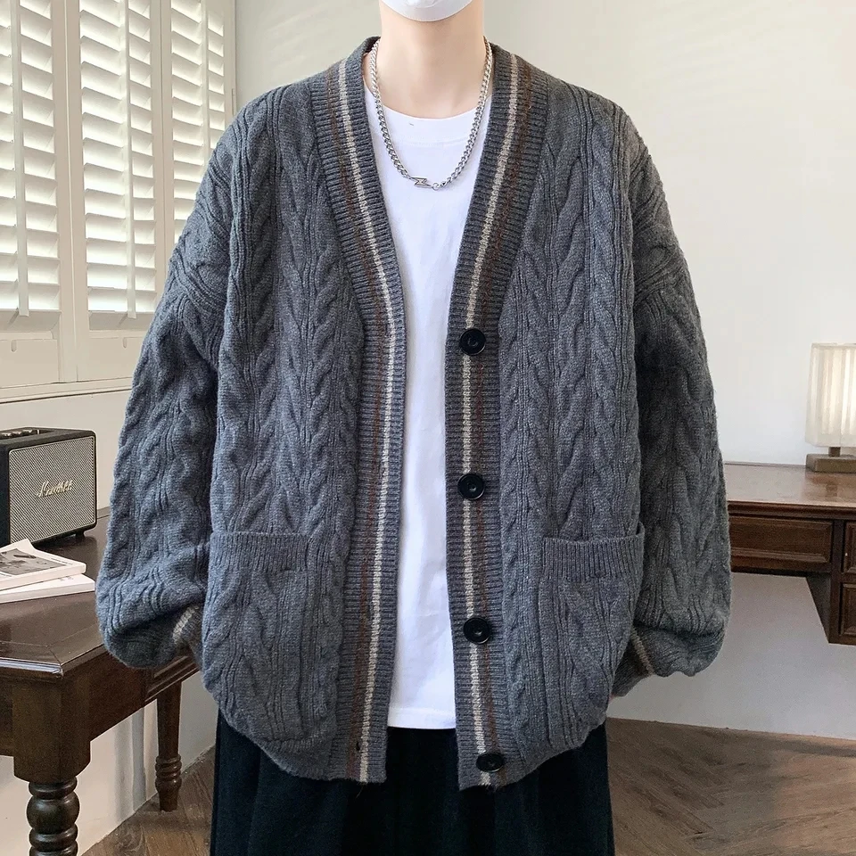 

2025 Autumn Winter New Men Cable Knit V Neck Cardigan Sweater Loose Casual Couple Style Trendy Versatile Top