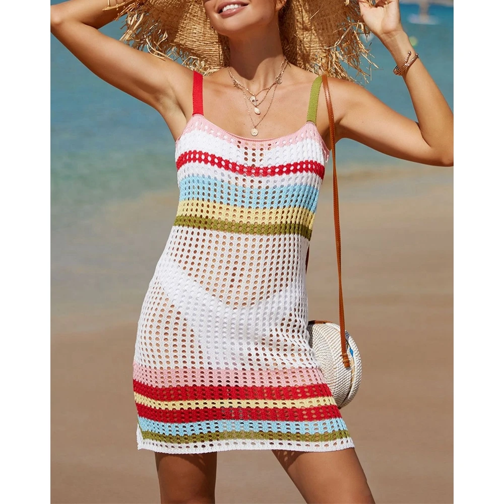 2024 Summer Women Striped Print Spaghetti Strap Hollow Out Knitted Cover-Ups Sexy Swimwear Beach Outfits Sundress Vacation