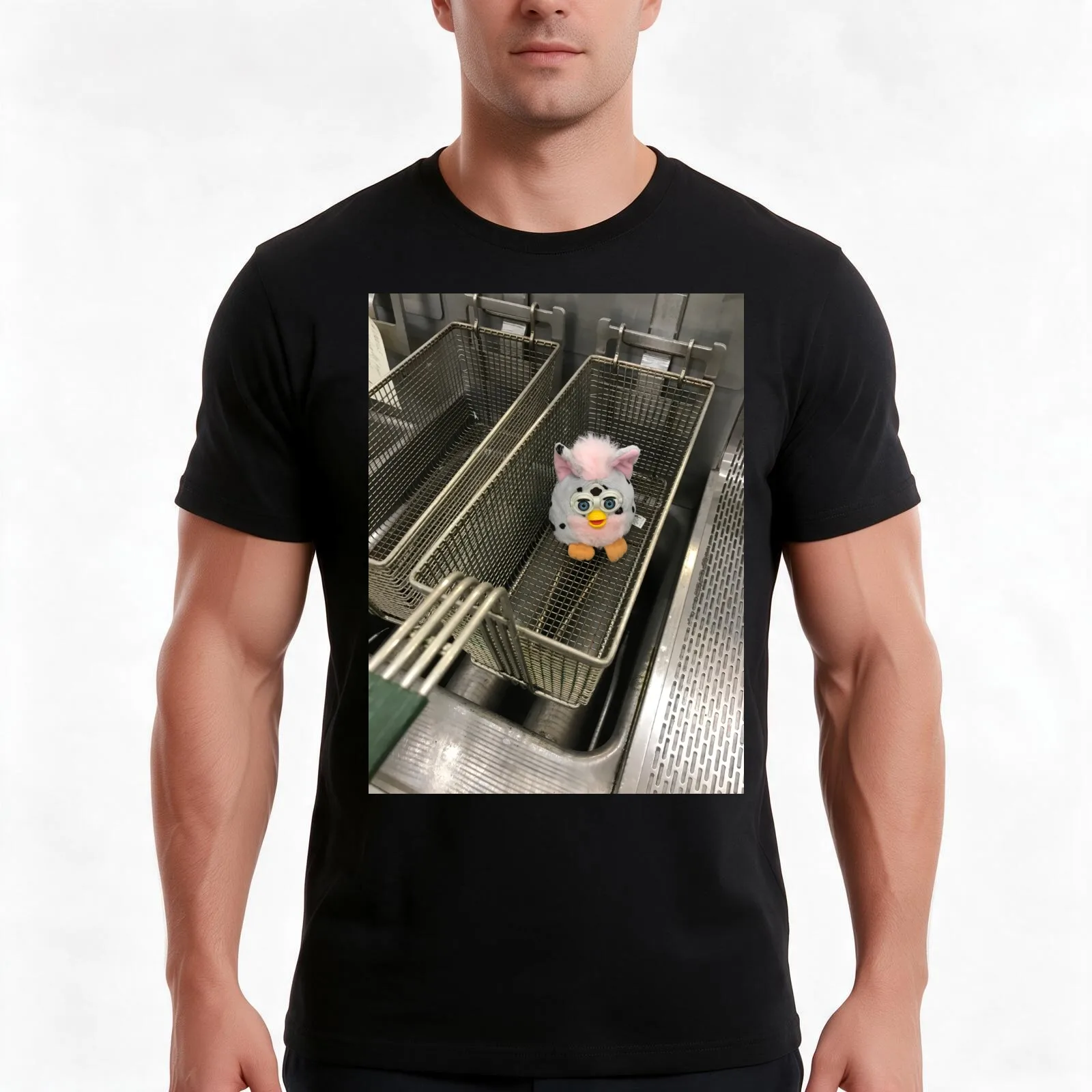 Furby in fryer basket T-Shirt, Summer Casual Cotton Tee, Oversized Streetwear Tops, Vintage Graphic Print, Unisex Men Women