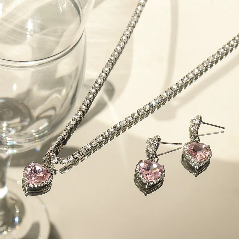 Trendy Cute Heart Crystal Necklace Earrings Set For Women Wedding Engagement Valentines Day Gift Fashion Jewelry Wholesale
