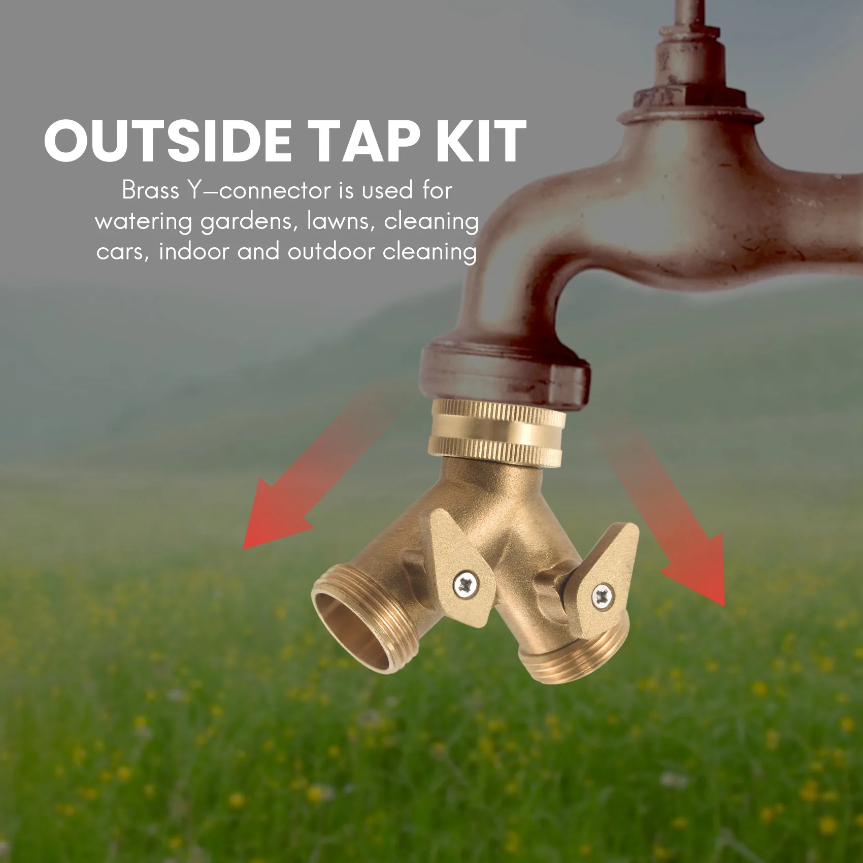AC23-3/4 Inch 2 Way Hose Splitter Brass Y Valve Garden Tap Connector With 2 X3/4 Inch Brass Water Tap Outside Tap Kit