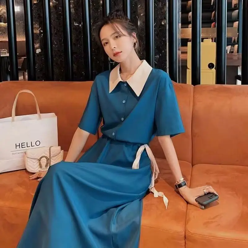 فستان قميص نسائي فرنسي بأكمام طويلة متناسق الألوان لربيع وخريف 2025 فساتين طويلة رفيعة بخصر جديد لملابس النساء