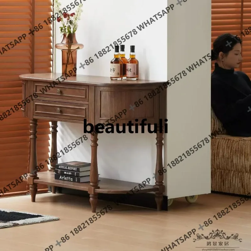 

R American retro solid wood entrance table, medieval semi-round entrance table black, storage table, decoration H