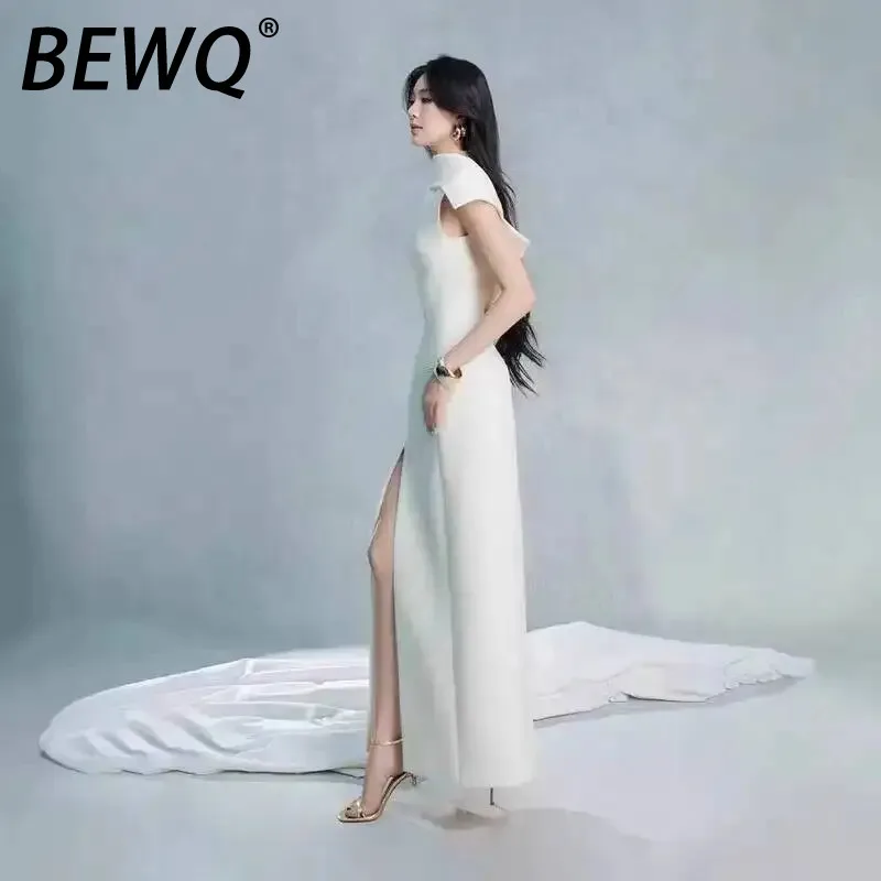 BEWQ femmes mode élégant Patchwork sans manches fendu Satin taille haute robe de soirée 2025 automne nouveau
