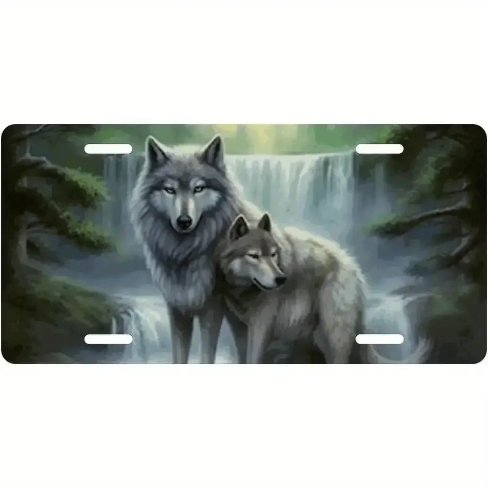 2D Flat - [Open ]2D Flat, 3D Wolf Pack Metal License Plate | Realistic White And Black Wolves And Waterfall Design, Wolves Ho