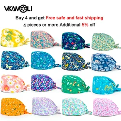 Vrouwen Katoen Scrubs Caps Weat-Absorberende Elastische Gedeelte Pet Grooming Verpleging Werk Hoeden Lab Bloemenprint Scrub Hoed groothandel