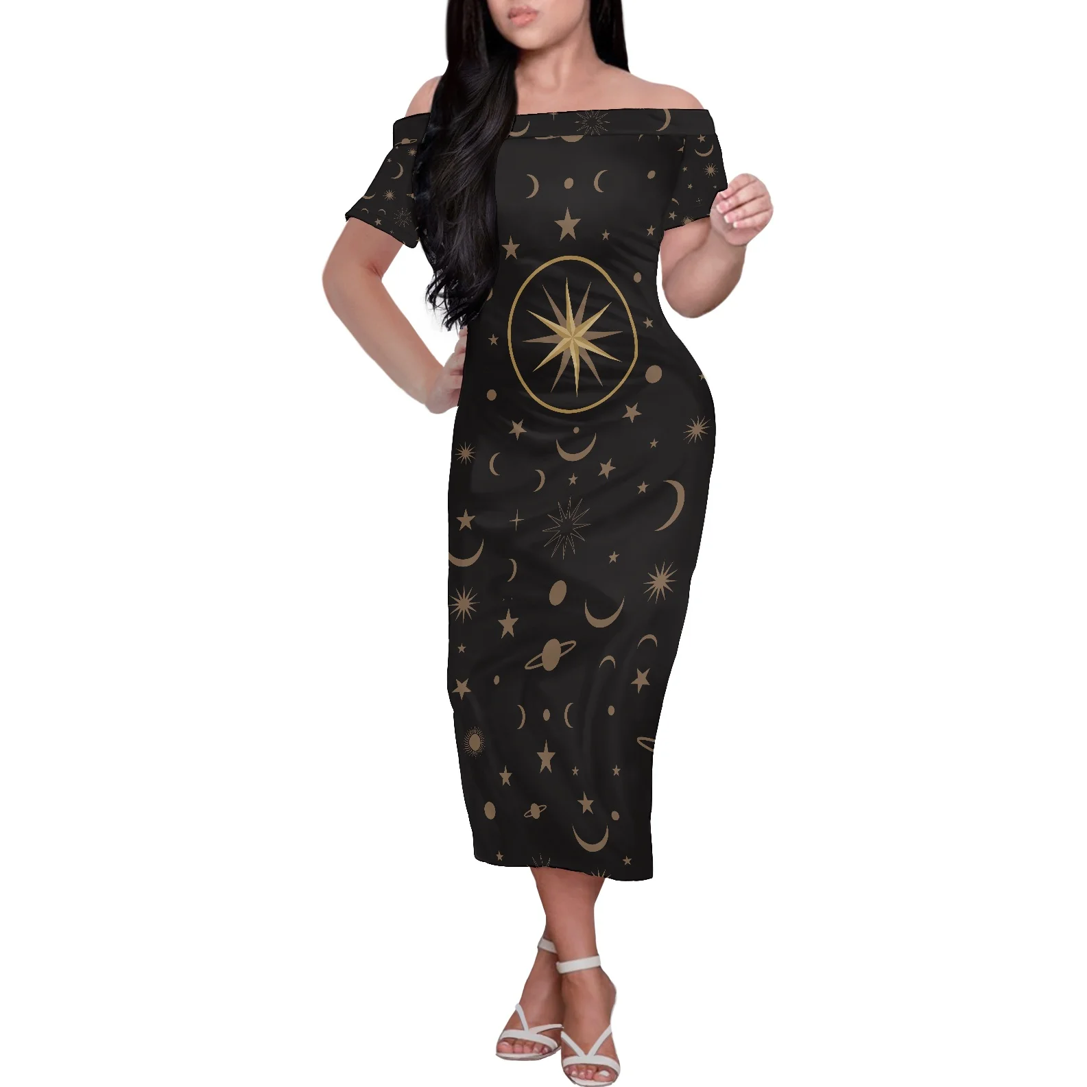 Off Shoulder Short Sleeve Clothing Summer Dress 2022 Women's Fashion Dress Elegant Sexy Black Collection Starry Print Long Dress